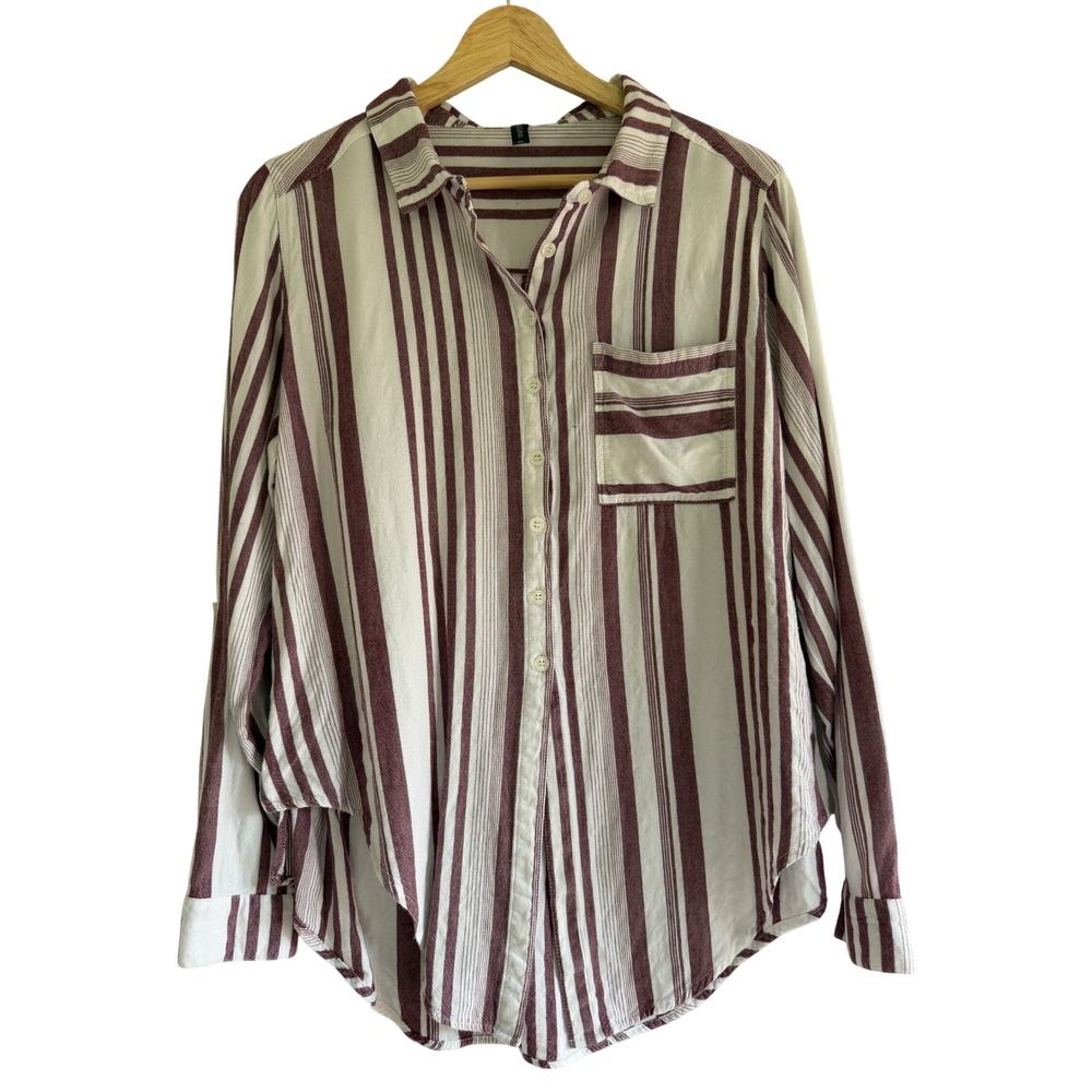 Massini Womens XL Burgundy Cream Striped Rayon Button‎ Down Roll Tab Shirt